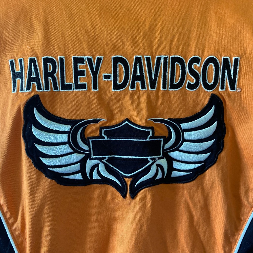 Harley-Davidson Women's Short-Sleeved Zip-Up Top Size L Orange Black Logo - Picture 4 of 7
